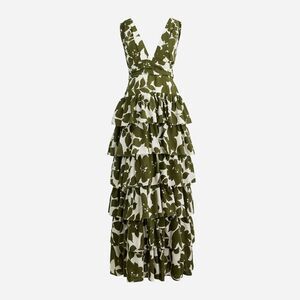 J Crew Collection Plunge Neck Tiered Dress Sz 12 Leafy Floral Maxi Green New